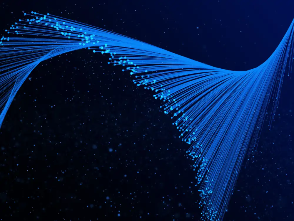 Blue fiber-optic network cables glowing against a dark background